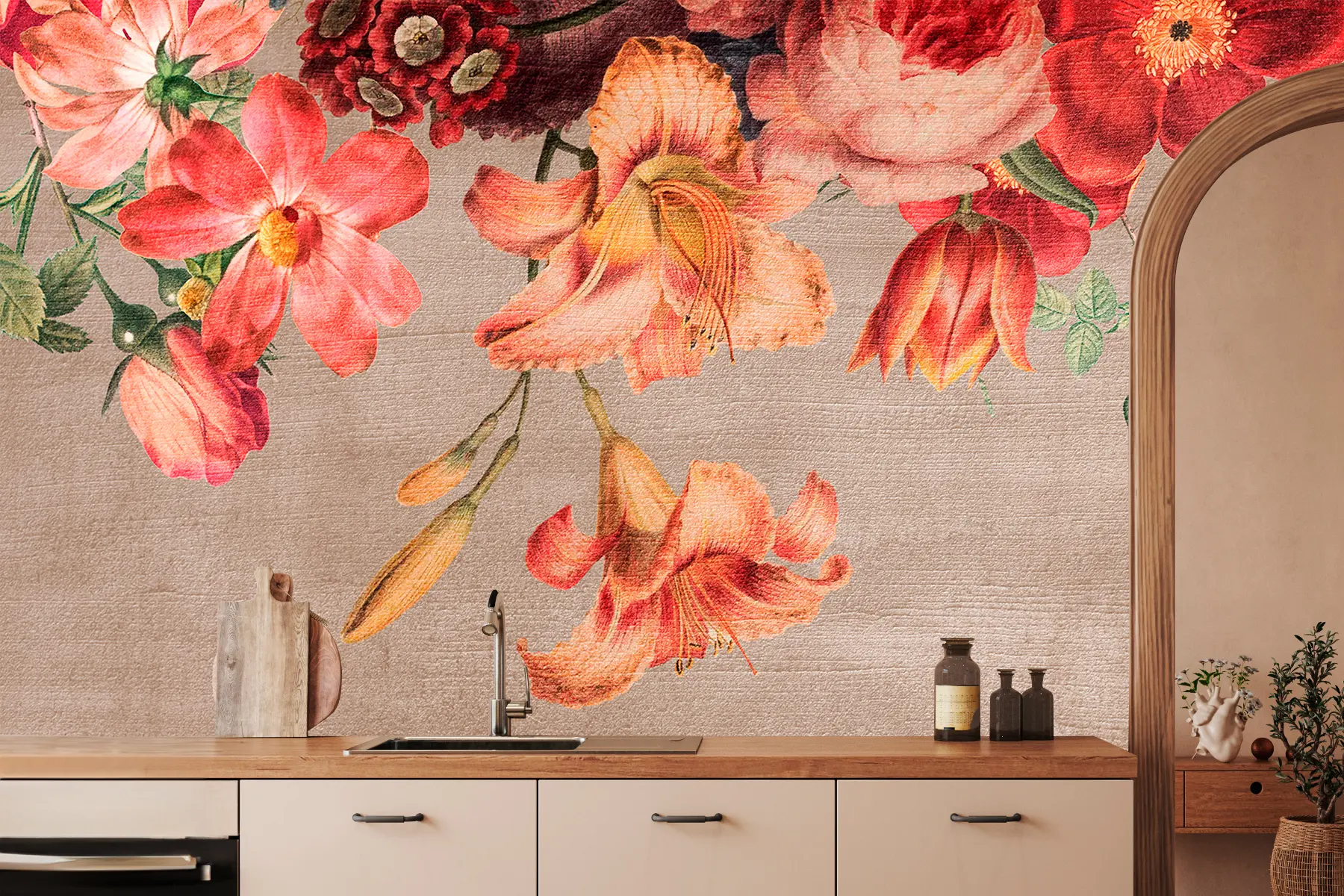 Шпалери Ботанічні ілюстрації букет квітів Натюрморт на фоні коричневий w00427