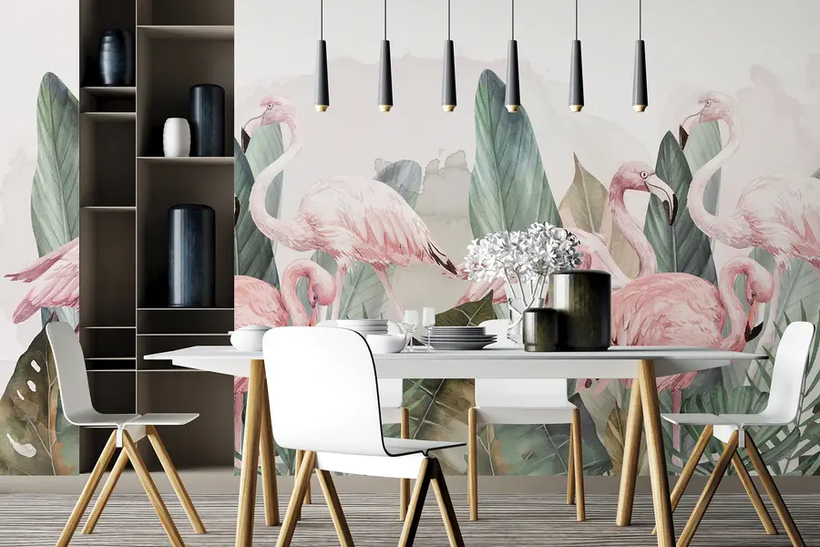 Шпалери Фламінго в тропічному листі, акварель, рожевий і оливковий кольори w00505v1
