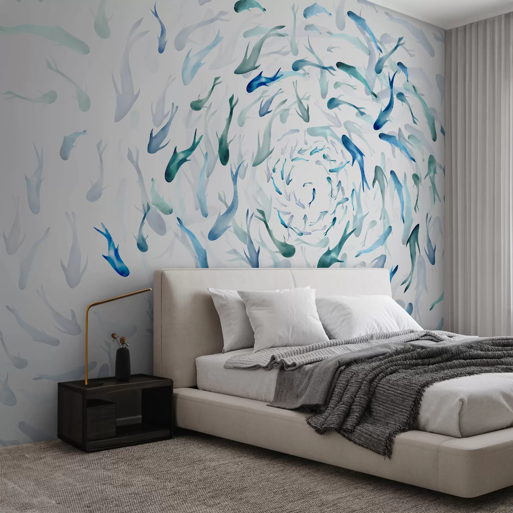 Шпалери Риба кружляє у вирі, танець риби, акварель, акула, абстрактна композиція, мінімалізм, синій, зелений колір w00510