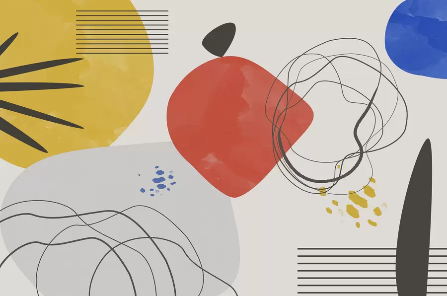 Шпалери Абстракція сучасна, яскрава пляма, бохо, геометрія, топографія, криві, лінії, червоний, жовтий, синій, чорний w00514