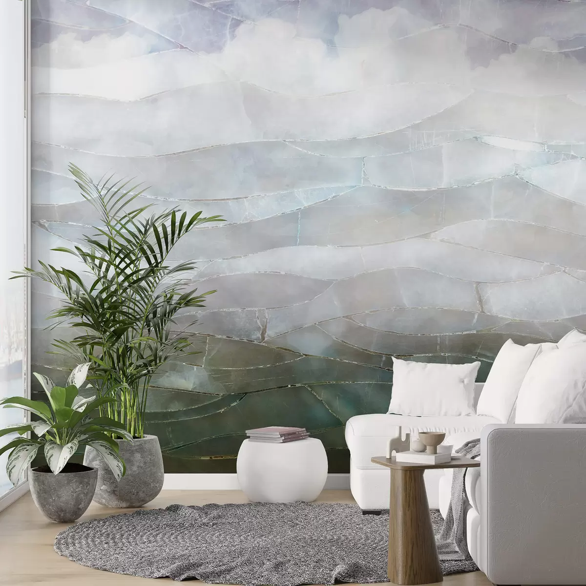 Шпалери Текстурований туманний, горбистий абстрактний градієнтний краєвид із рухомими зеленими полями крізь туман w00795