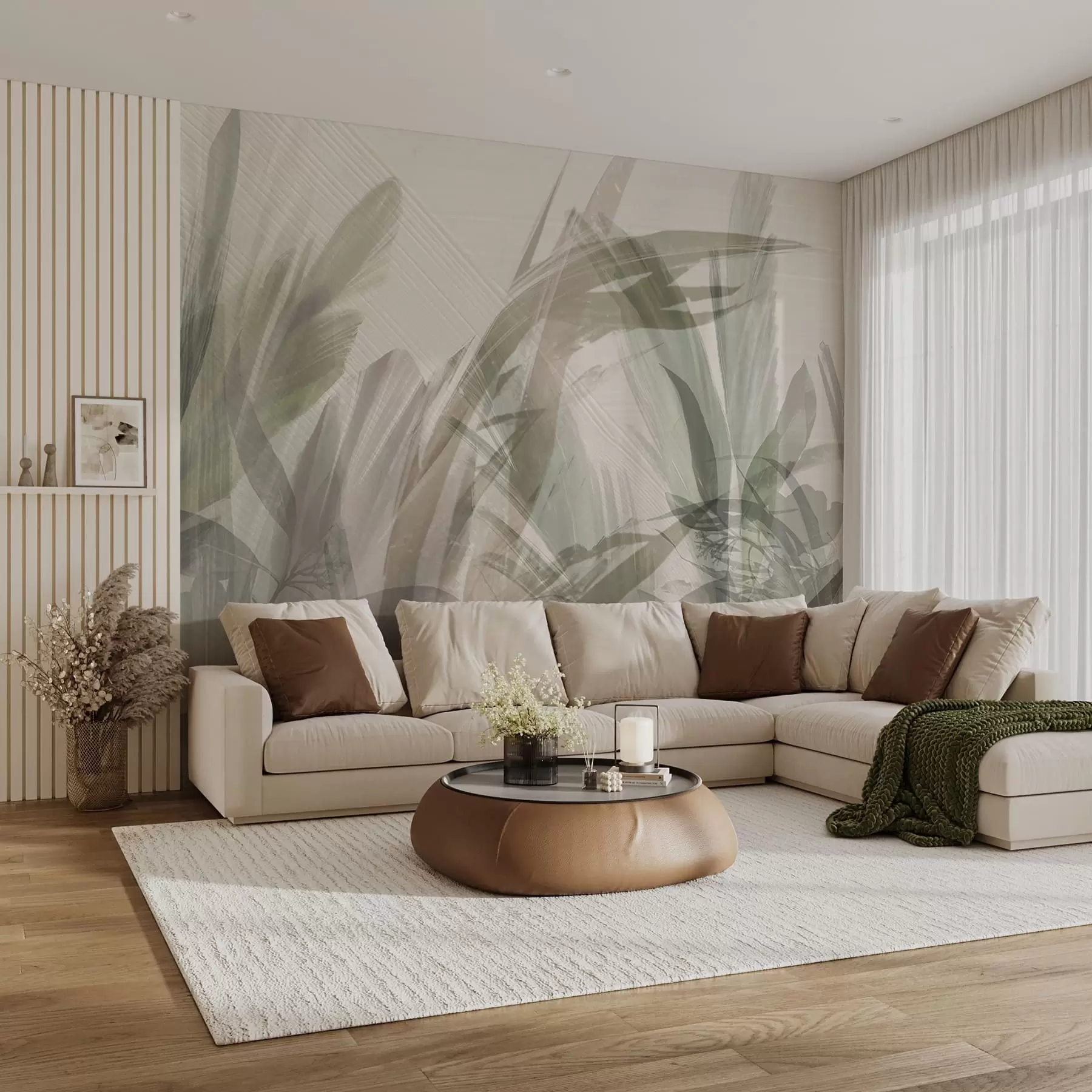 Шпалери Абстрактна мультикомпозиція розмитих форм тропічного листя, схожого на траву, у відтінках світло-зеленого та сірого w00798