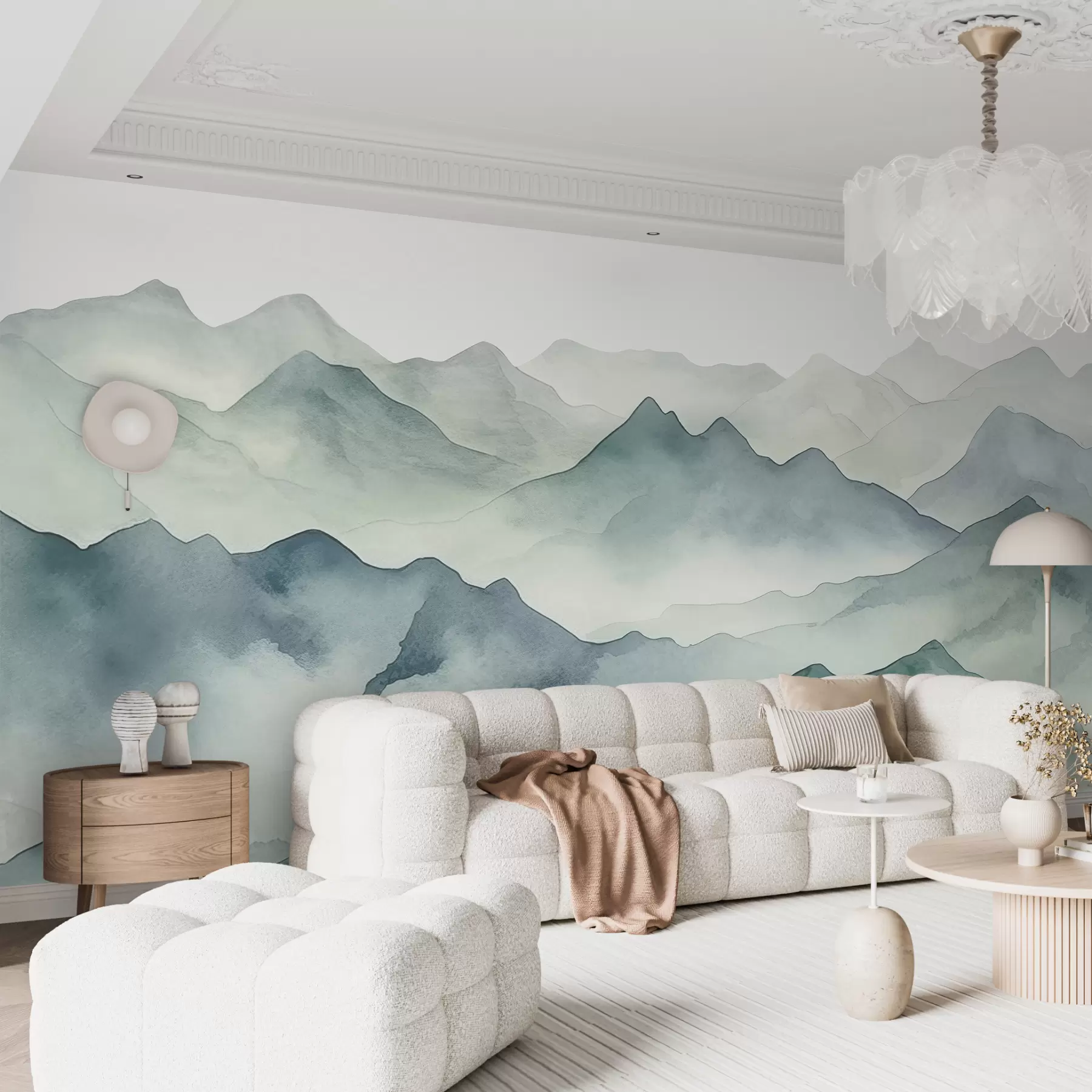 Шпалери Гірські вершини та перевали, акварель, краєвид, пейзаж, блакитний, сірий колір w00841