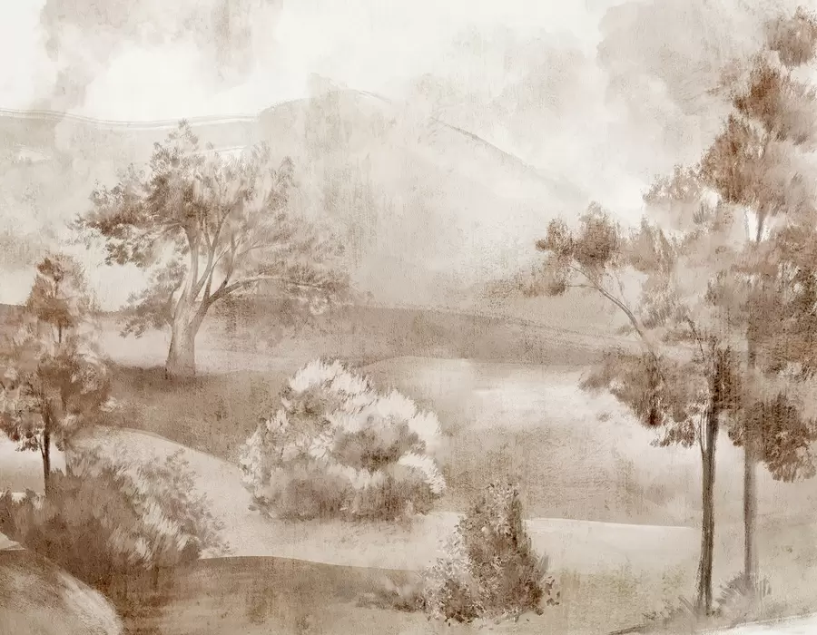 Шпалери Пейзаж туманної сільської місцевості в оточенні пишних дерев і листя у відтінках коричневого w01247