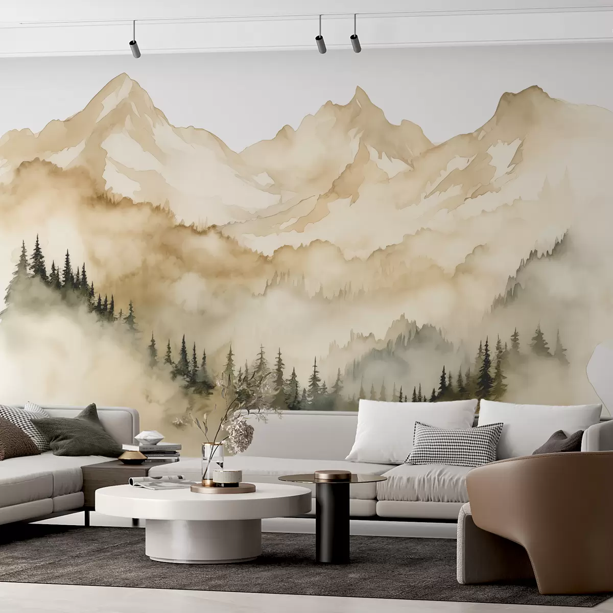 Шпалери Ліс в тумані біля підніжжя скелястих бежевих гір аквареллю ілюстрації w07884