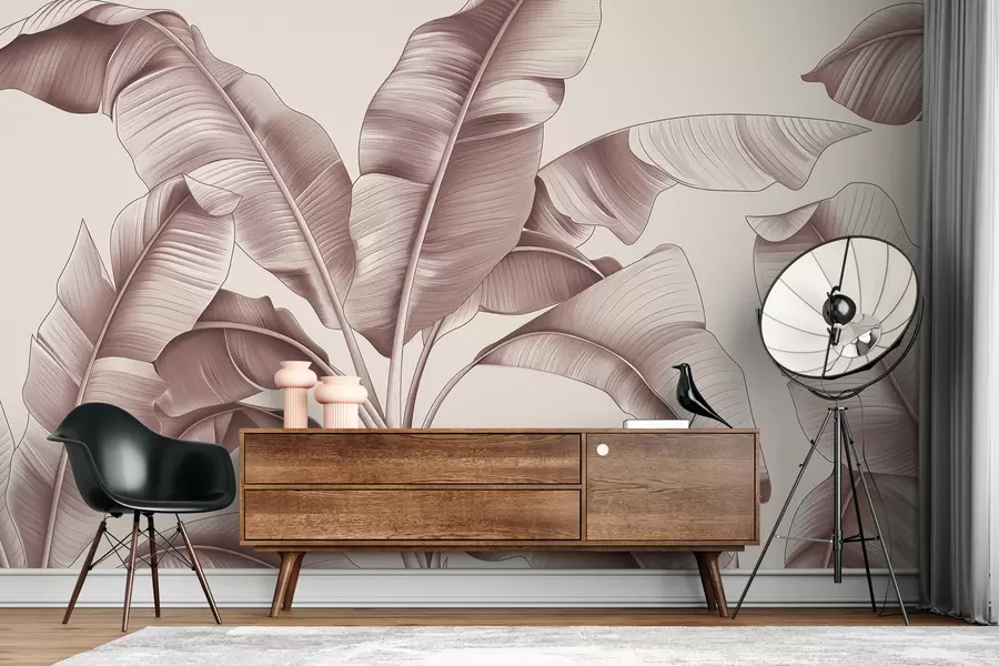 Шпалери намальовані велике бананове листя в пастельно-рожевому кольорі w07877v1