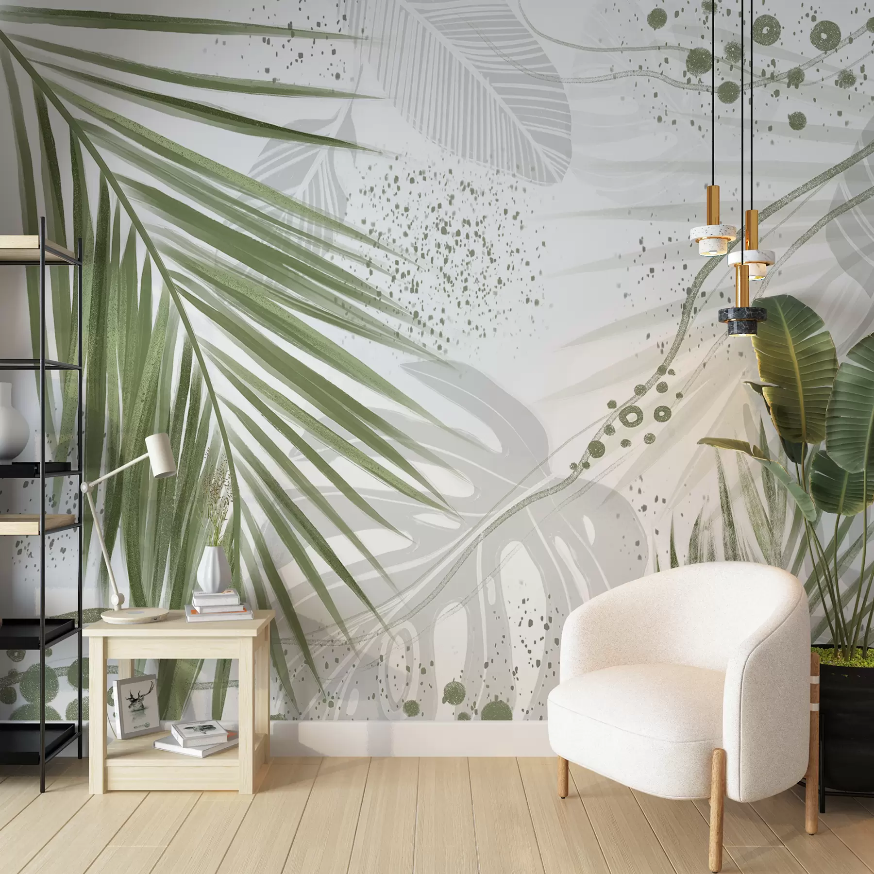Шпалери Тропічні зелені пальмові листя та листя з абстрактними формами та бризками у відтінках зеленого та білого w07918