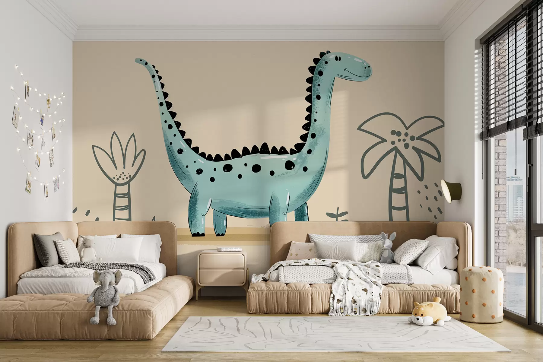 Шпалери Милий динозавр на бежевому фоні з пальмами w01357v1