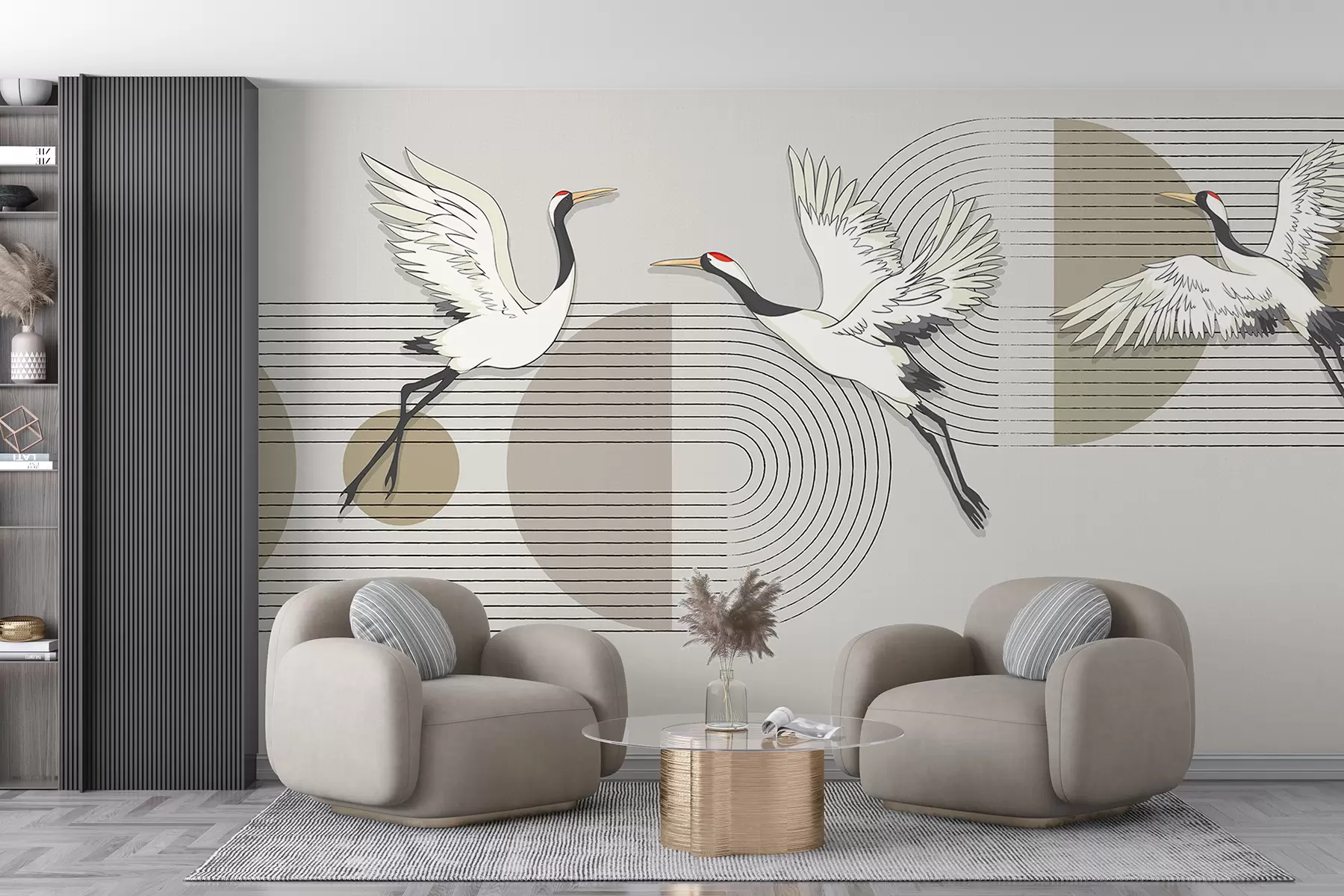 Шпалери Три білих журавля в польоті на геометричному мінімалістичному фоні з концентричними колами w08188