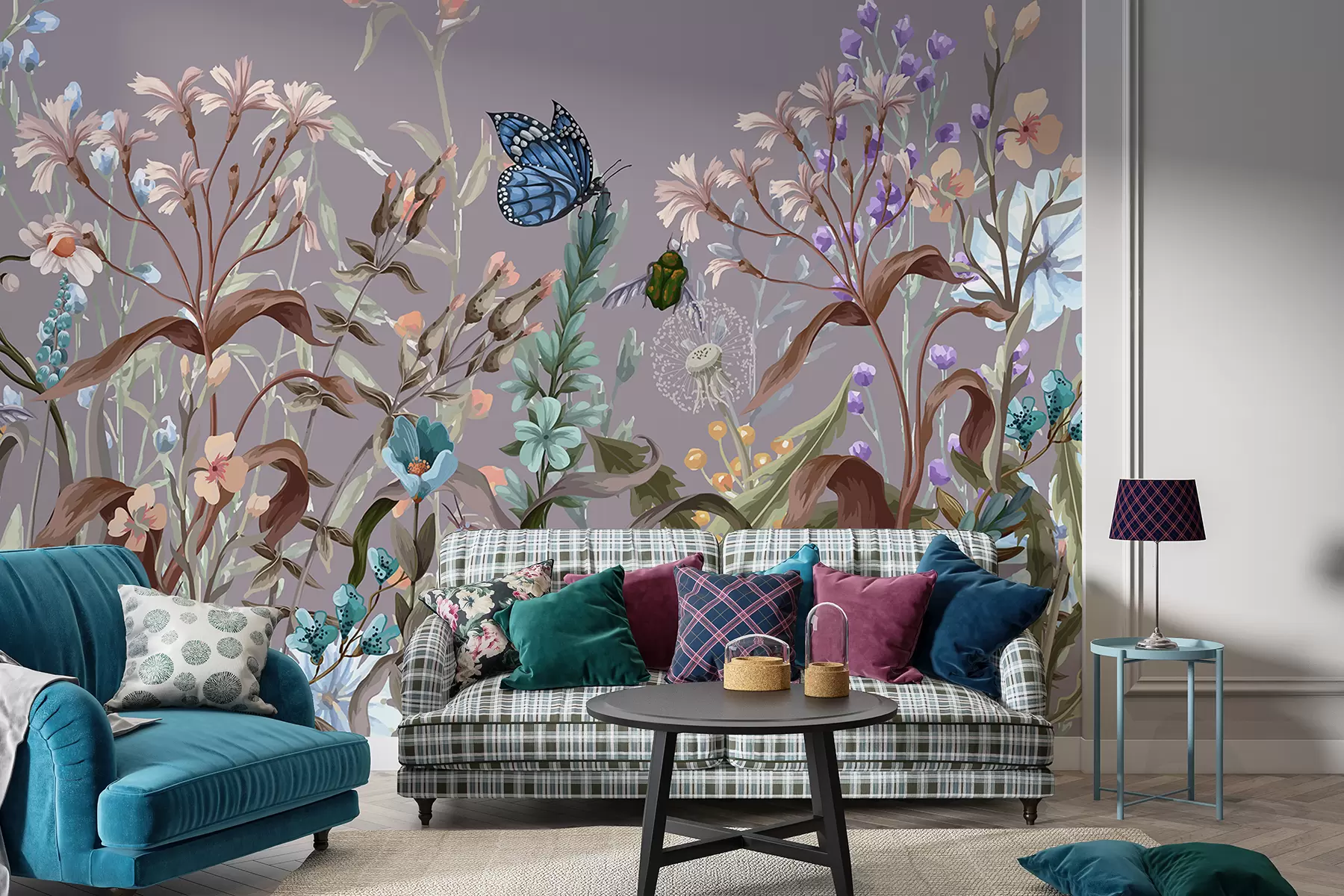 Шпалери Барвиста фіолетова ілюстрація пишного квітучого саду з комахами в казковому фантастичному стилі w08234v1