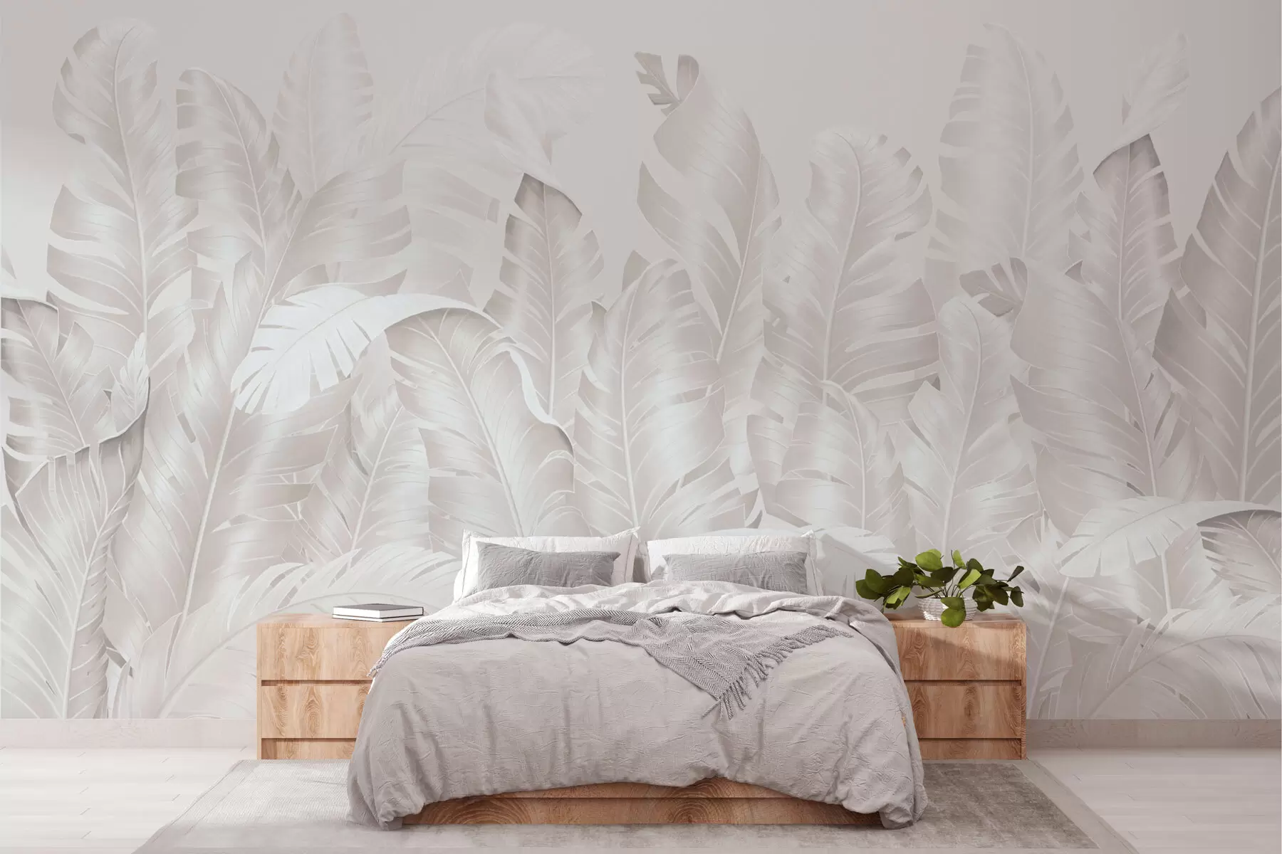 Шпалери Модний пастельний тропічний бежевий листя w01481