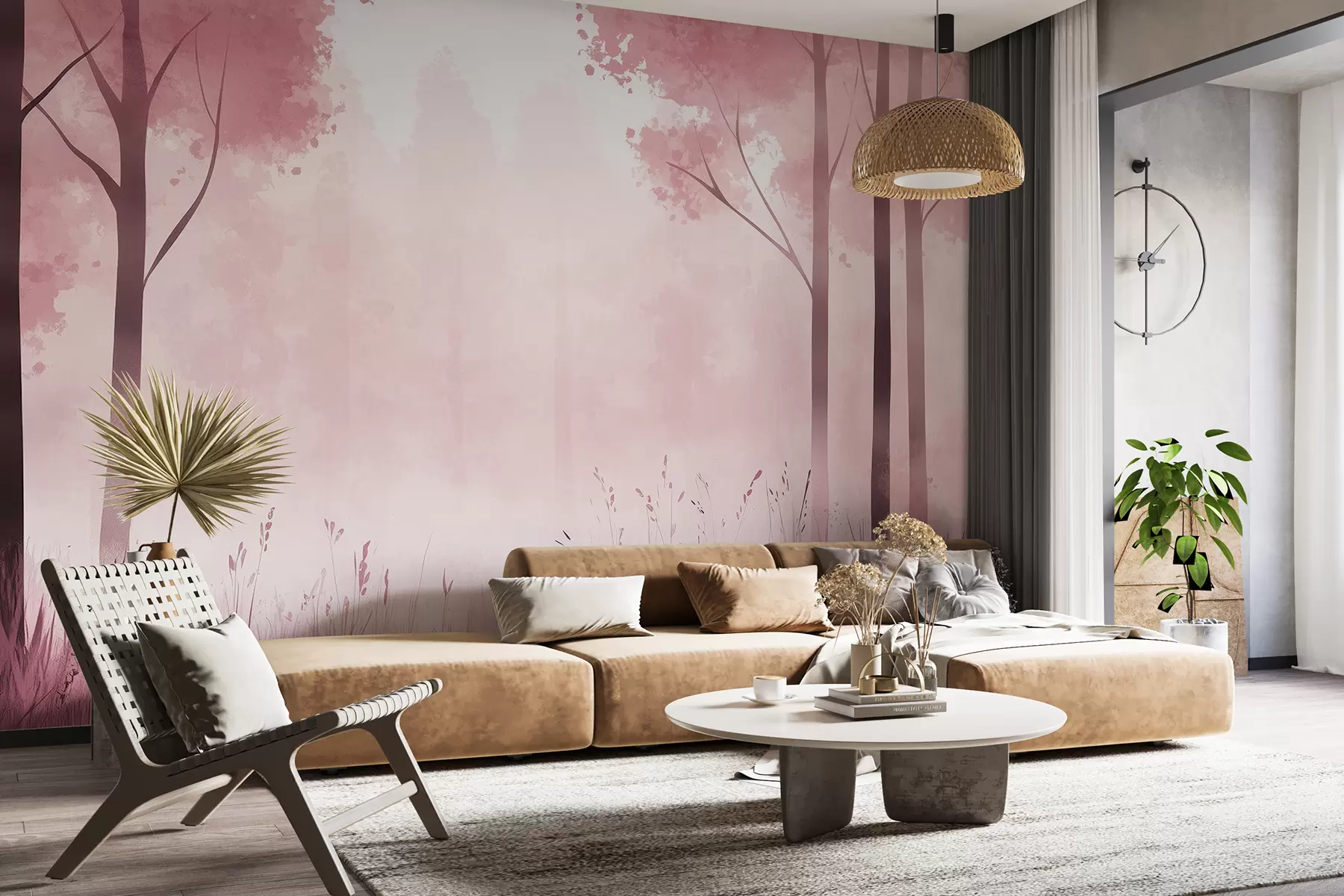 Шпалери Акварель ліс, туман, дерева, трава, природний пейзаж, рожевий колір w01563v1