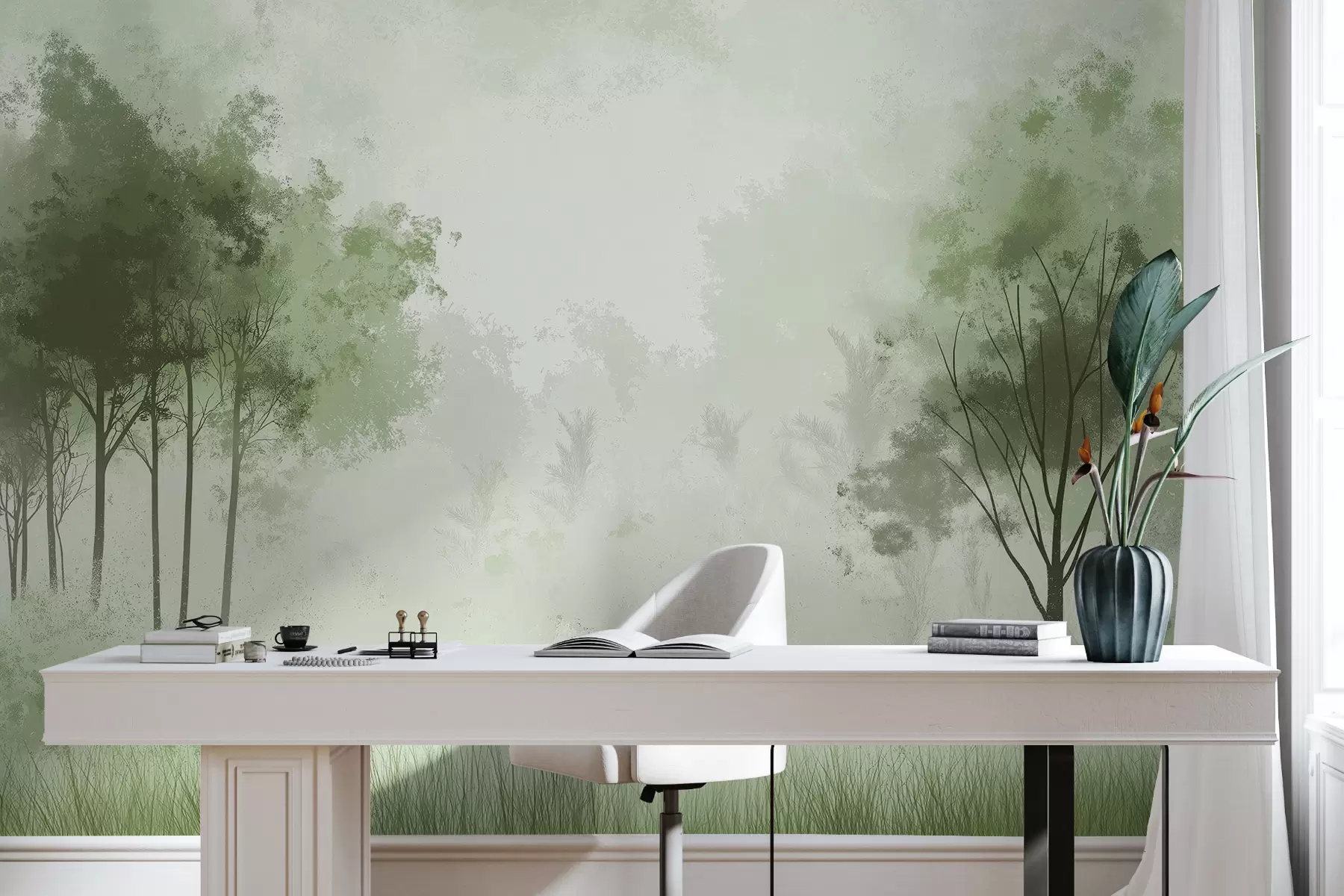 Шпалери Природні пейзажі, дерева в лісі, гранжеві текстури, зелені кольори w01564v2