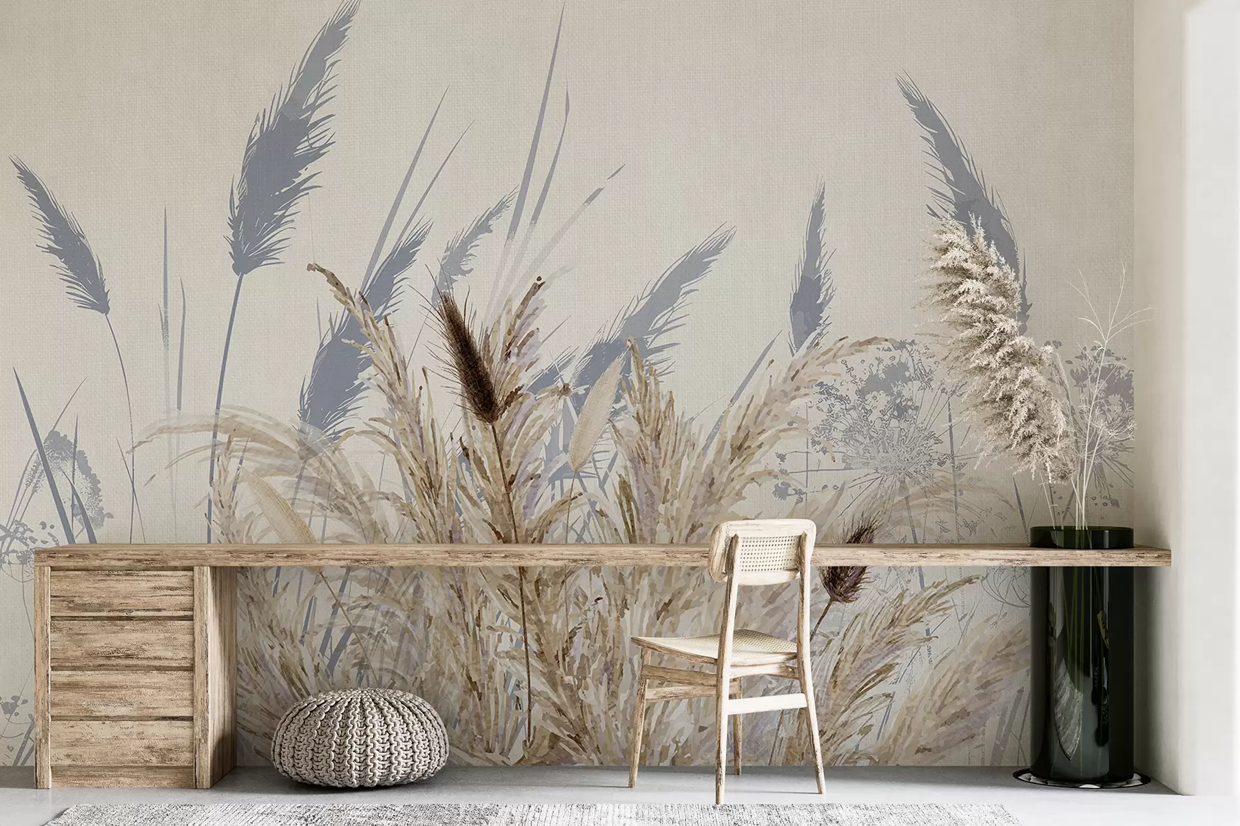 Шпалери Високі стебла пшениці та трави з пухнастими білими шлейфами на світлому тлі w08282