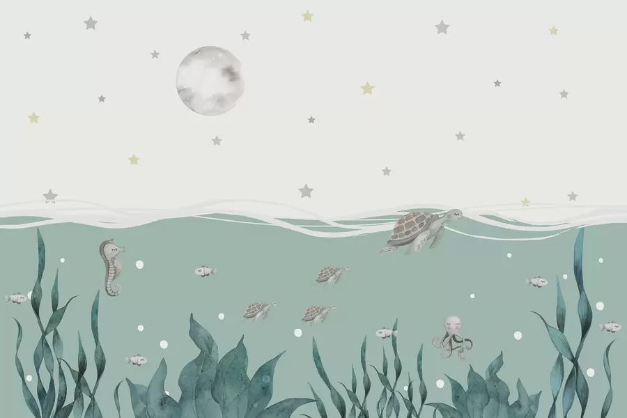 Шпалери Морський мотив з черепахами, морським коником, рибами та повним місяцем w01521