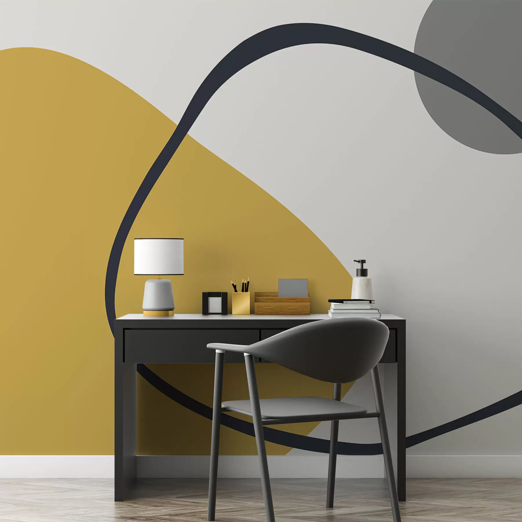 Шпалери Геометричні жовті та сірі фігури на світлому тлі w01687