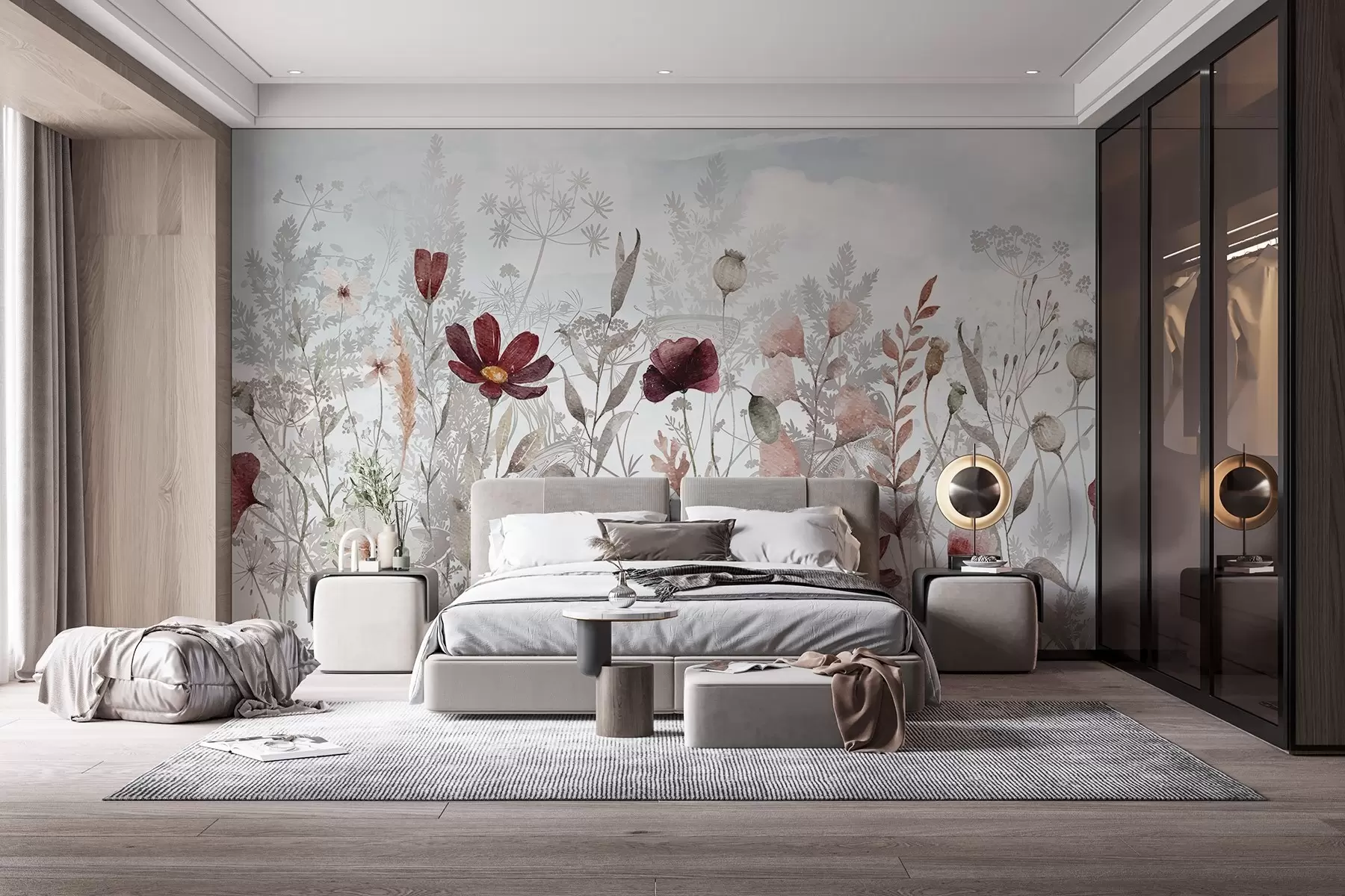 Шпалери Поле різнокольорових польових квітів, включаючи червоні, рожеві та білі, розквітає з розлогим листям на м'якому тлі w08349