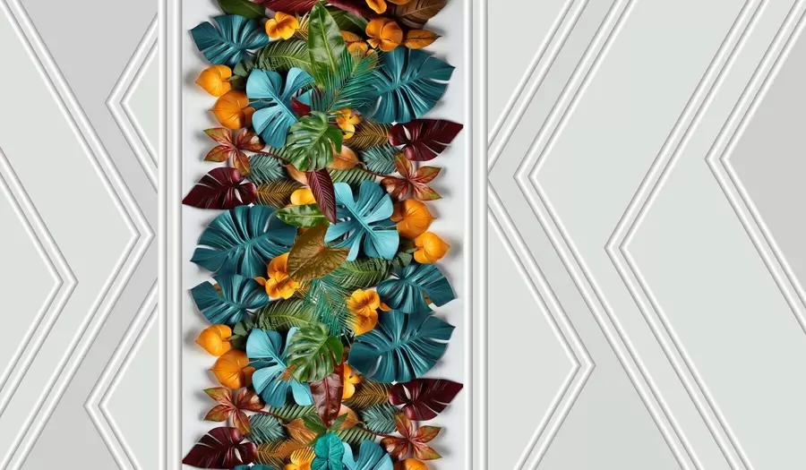 Шпалери 3D шпалери з барвистим тропічним листям і геометрією на сірому тлі w01876