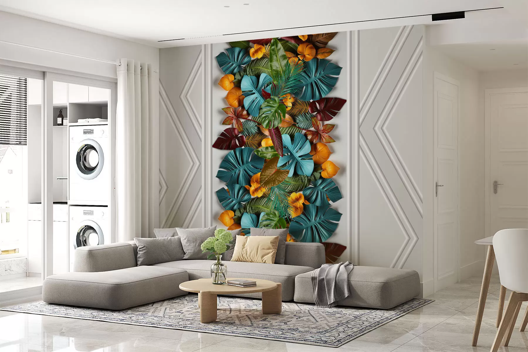 Шпалери 3D шпалери з барвистим тропічним листям і геометрією на сірому тлі w01876