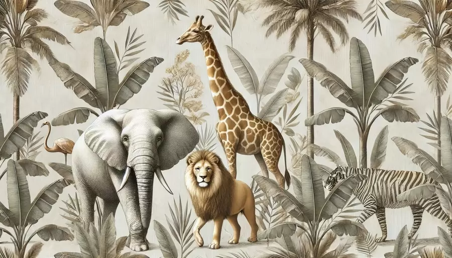 Шпалери Дитячі фотошпалери Safari з тропічним пейзажем та різноманітними тваринами в елегантних кольорах w01956