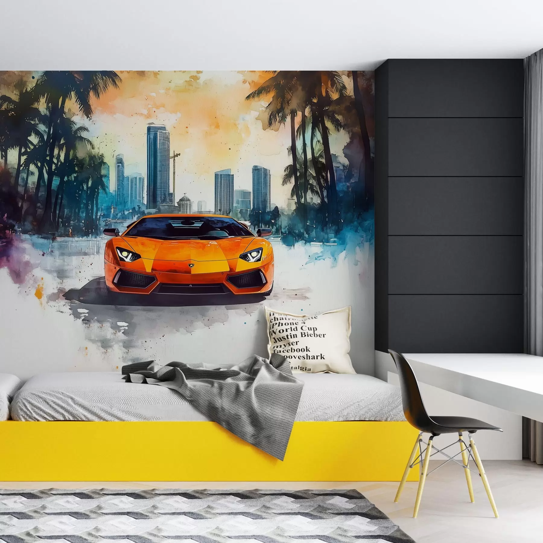 Шпалери Яскравий сучасний спортивний автомобіль на тлі пальм і хмарочосів у техніці акварелі а-ля прима w01964