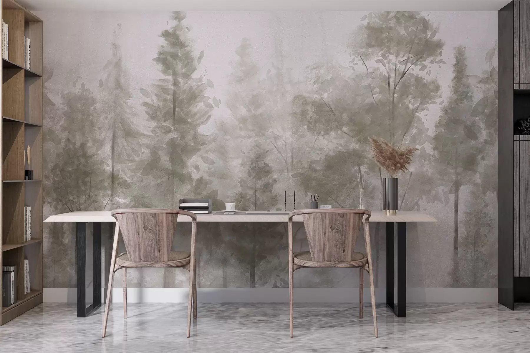 Шпалери Високі текстуровані сосни в туманному лісі, з туманною, димчастою атмосферою w08411