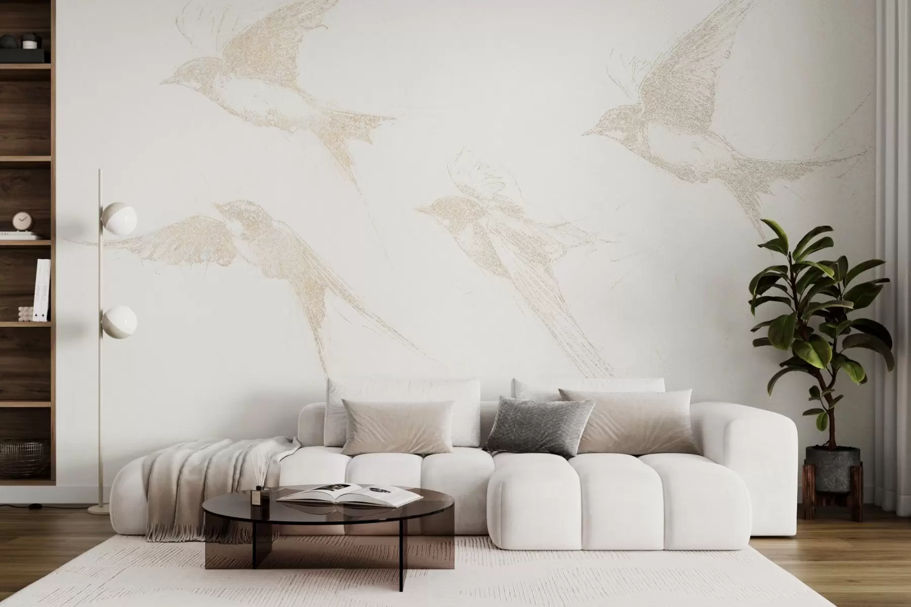 Шпалери Летючі птахи, малюнок олівцем, мінімалізм, м'які бежеві кольори w02154