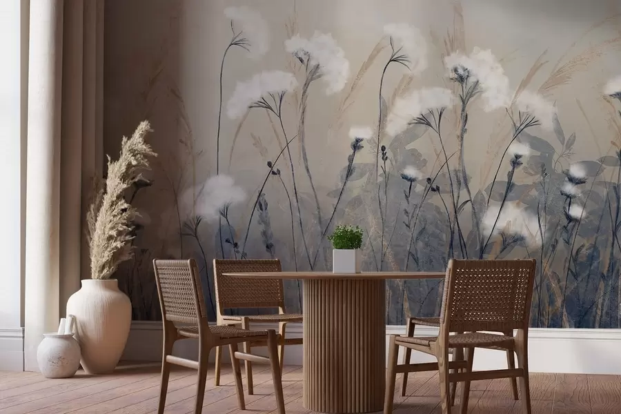 Шпалери Пухнаста біла бавовняна трава на розмитому текстурному тлі, з м'якою, туманною та безтурботною атмосферою w08416