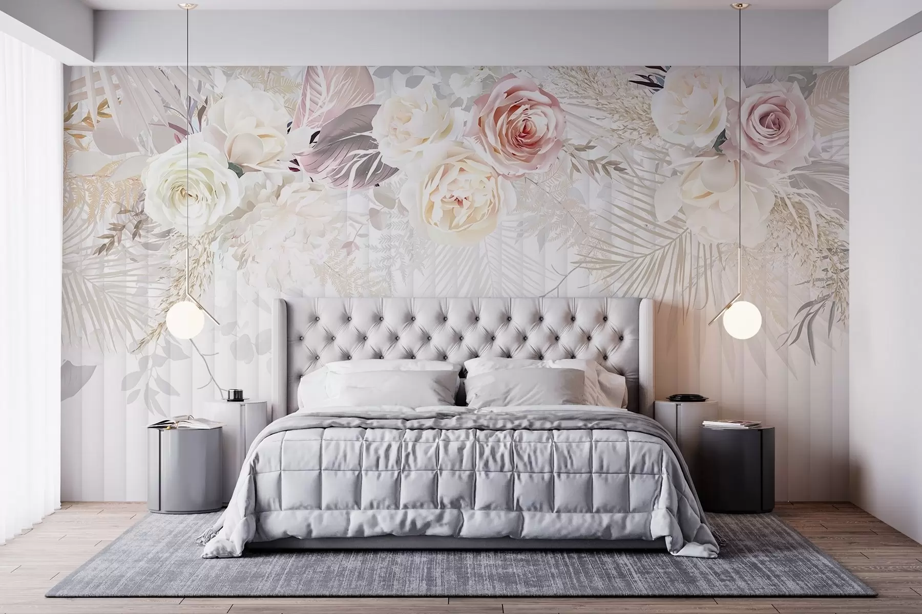 Шпалери Квіткова композиція з рожевими та білими трояндами, пальмовим листям та іншим тропічним листям на білому тлі w08425