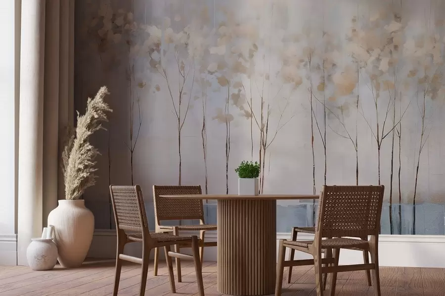 Шпалери Голі дерева в абстрактному пастельному розмитому зимовому мінімалістичному пейзажі на м'якому, туманному тлі w08430