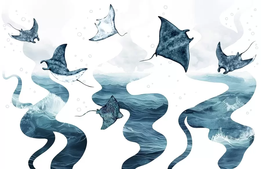 Шпалери Риба манта, акварель, море, океан, сині кольори w02266