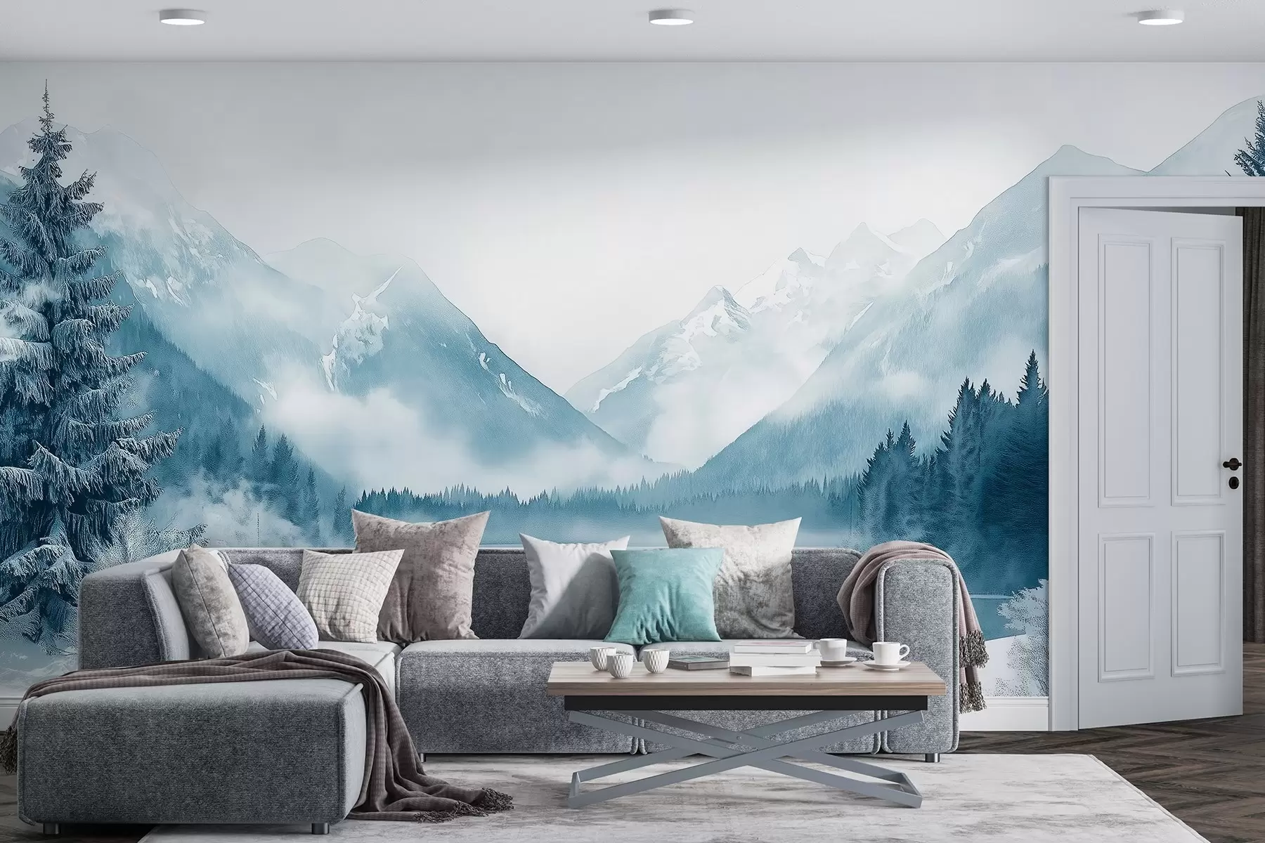 Шпалери Зимові гори, замерзле озеро, сосновий ліс, блакитна палітра, акварельний стиль w02354