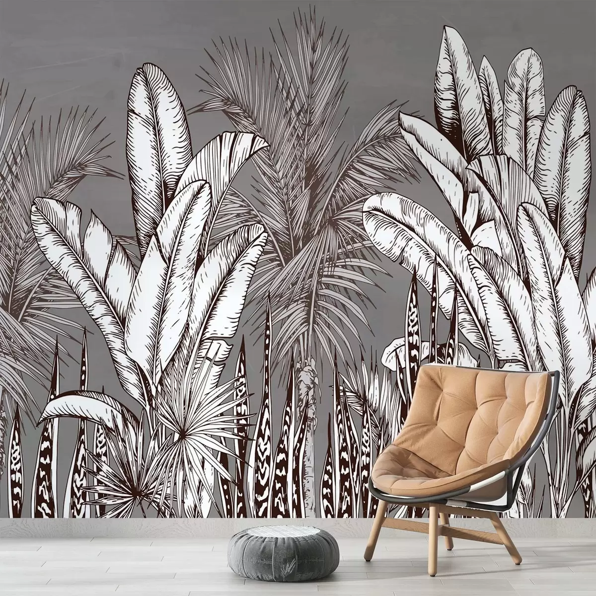 Шпалери Візерунок з тропічним листям на сірому тлі w02299