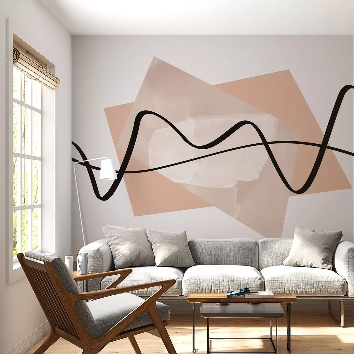 Шпалери Чорні лінії та бежеві форми абстрактні w02377