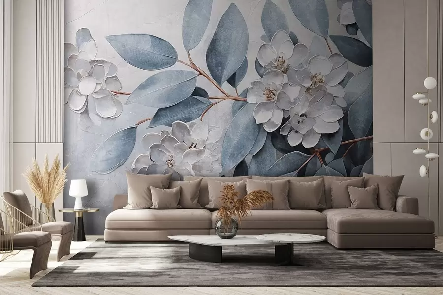 Шпалери Ніжні білі квіти з сіро-зеленим листям на м'якому, приглушеному тлі в стилі олійного живопису w08437