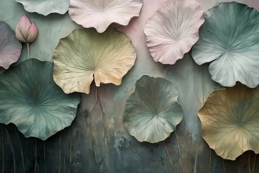 Шпалери листя лотоса в пастельному стилі з об'ємним ефектом w02441