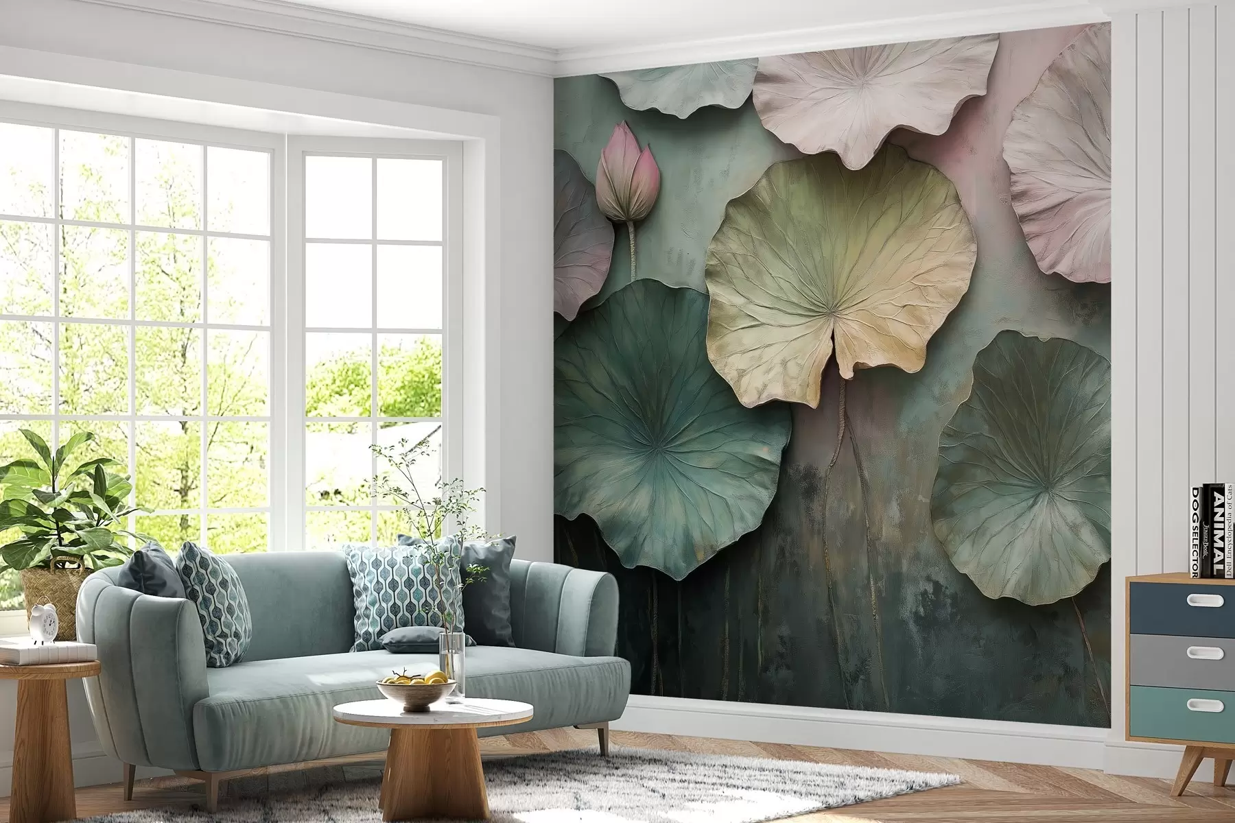 Шпалери листя лотоса в пастельному стилі з об'ємним ефектом w02441