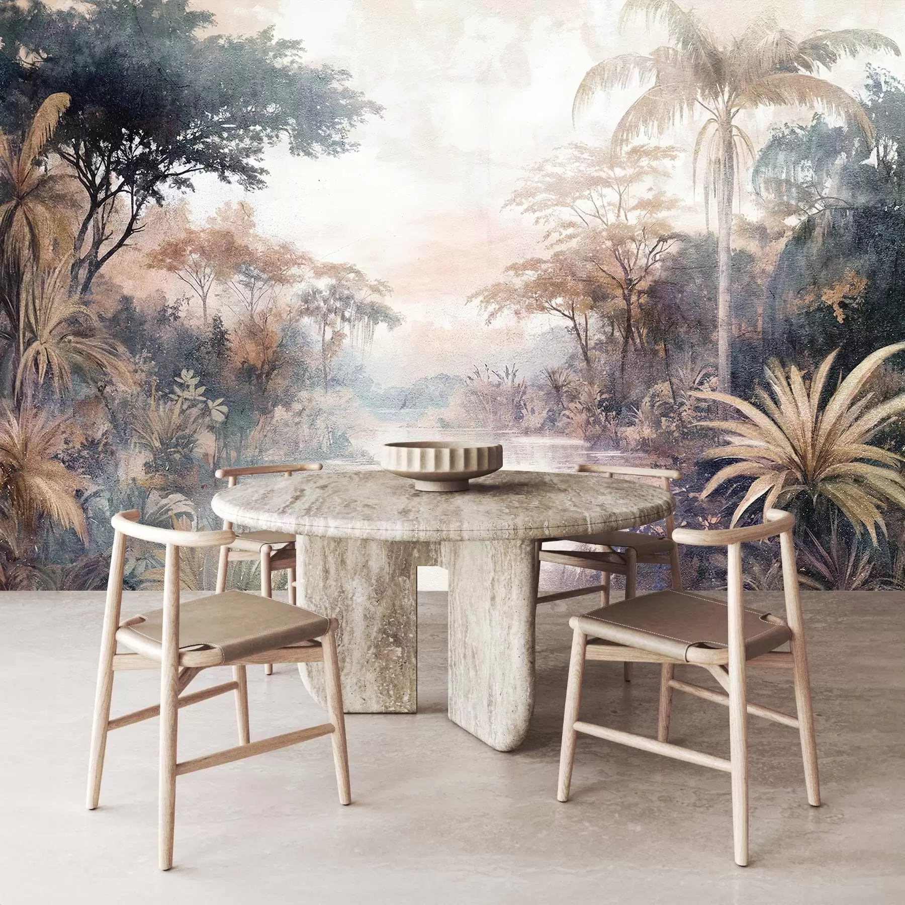 Шпалери Текстурований тропічний пейзаж зі спокійною річкою в оточенні пишних пальм, кущів та іншої зелені w08460