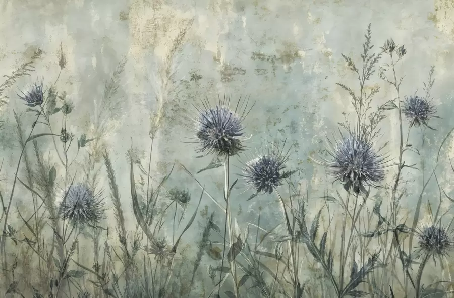 Шпалери Поле фіолетових квітів будяків з розмитими квітами та листям на вінтажному текстурному тлі w08463