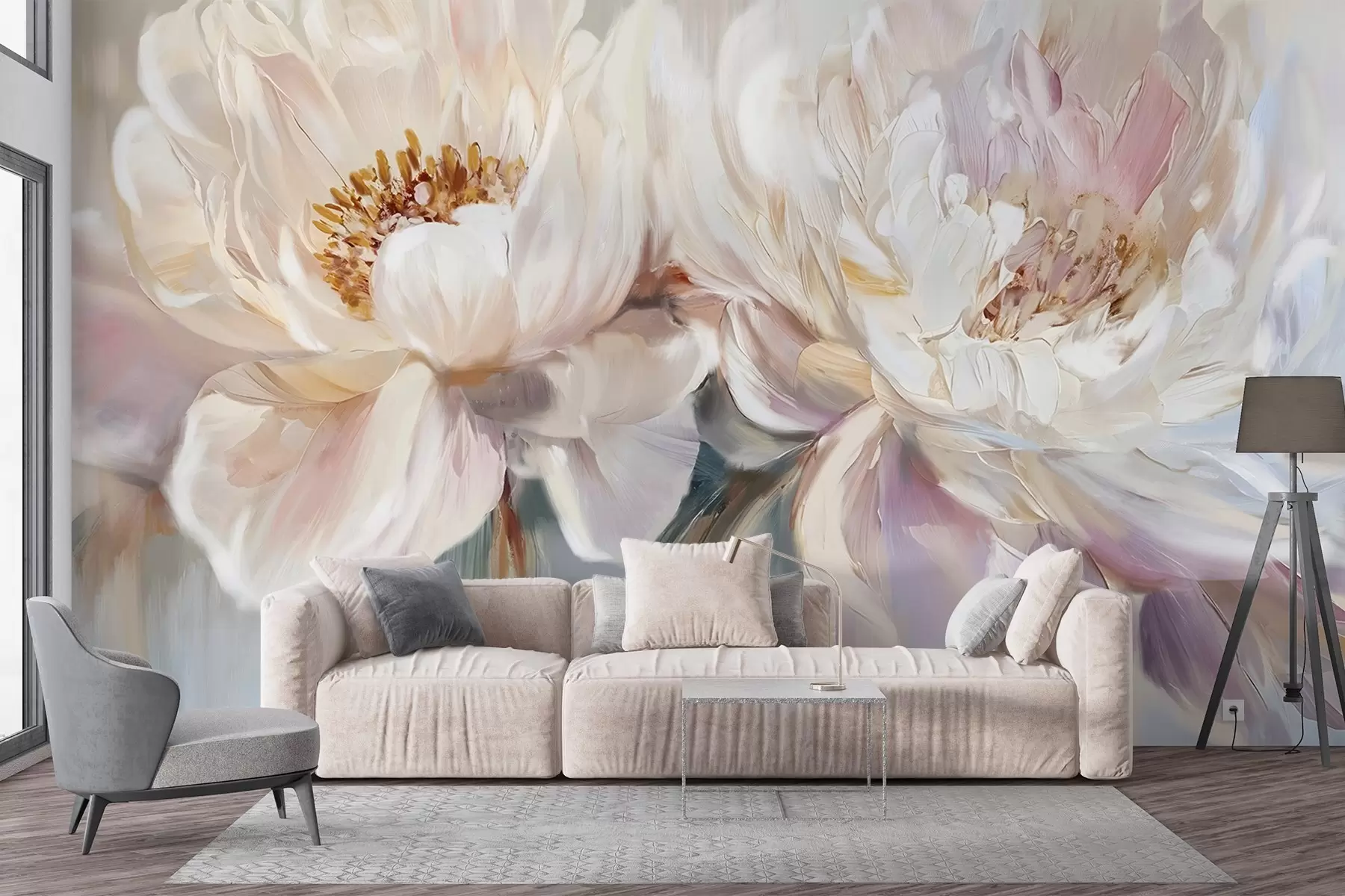 Шпалери М'які, ніжні білі та пастельно-рожеві півонії з пишними пелюстками на розмитому тлі з імітацією живопису w08466