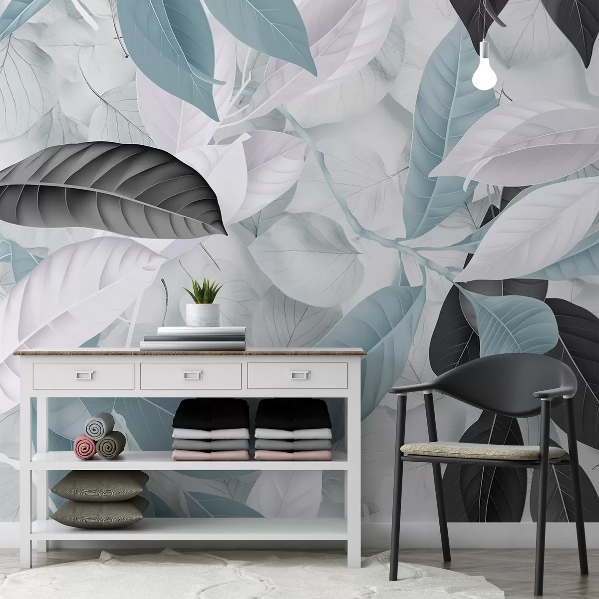 Шпалери Великий принт синього та сірого листя на світлому тлі з текстурою листя, що створює відчуття пишної тропіки w08468v1