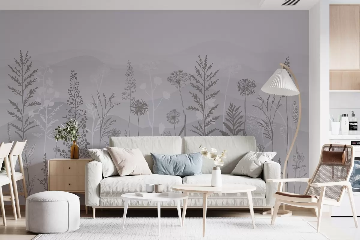Шпалери шпалери в еко-стилі, польові квіти в сірих тонах w02443