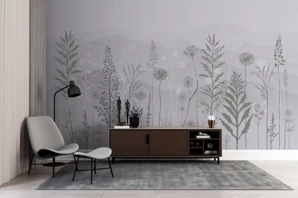 Шпалери шпалери в еко-стилі, польові квіти в сірих тонах w02443