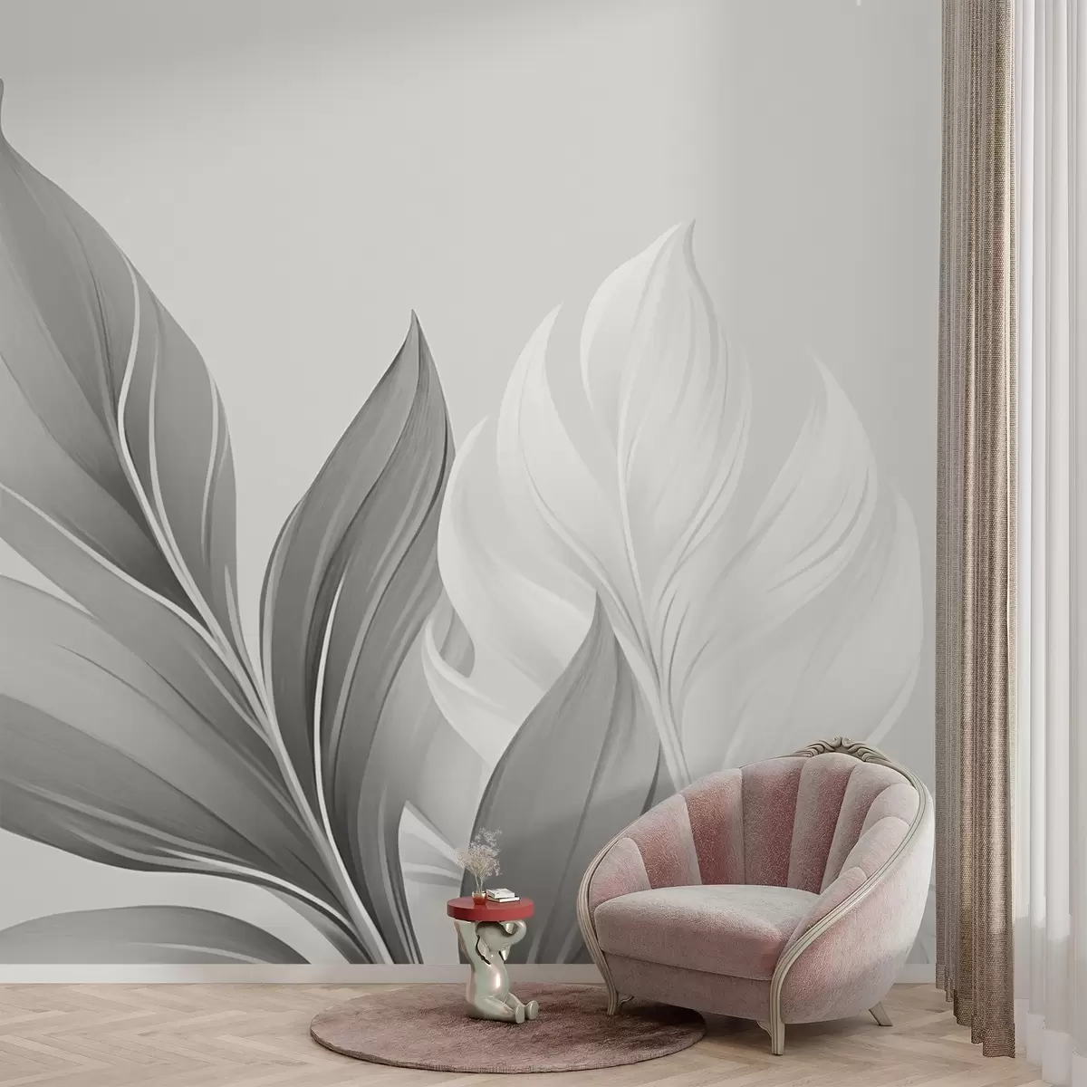 Шпалери Чорно-біле абстрактне листя w02458