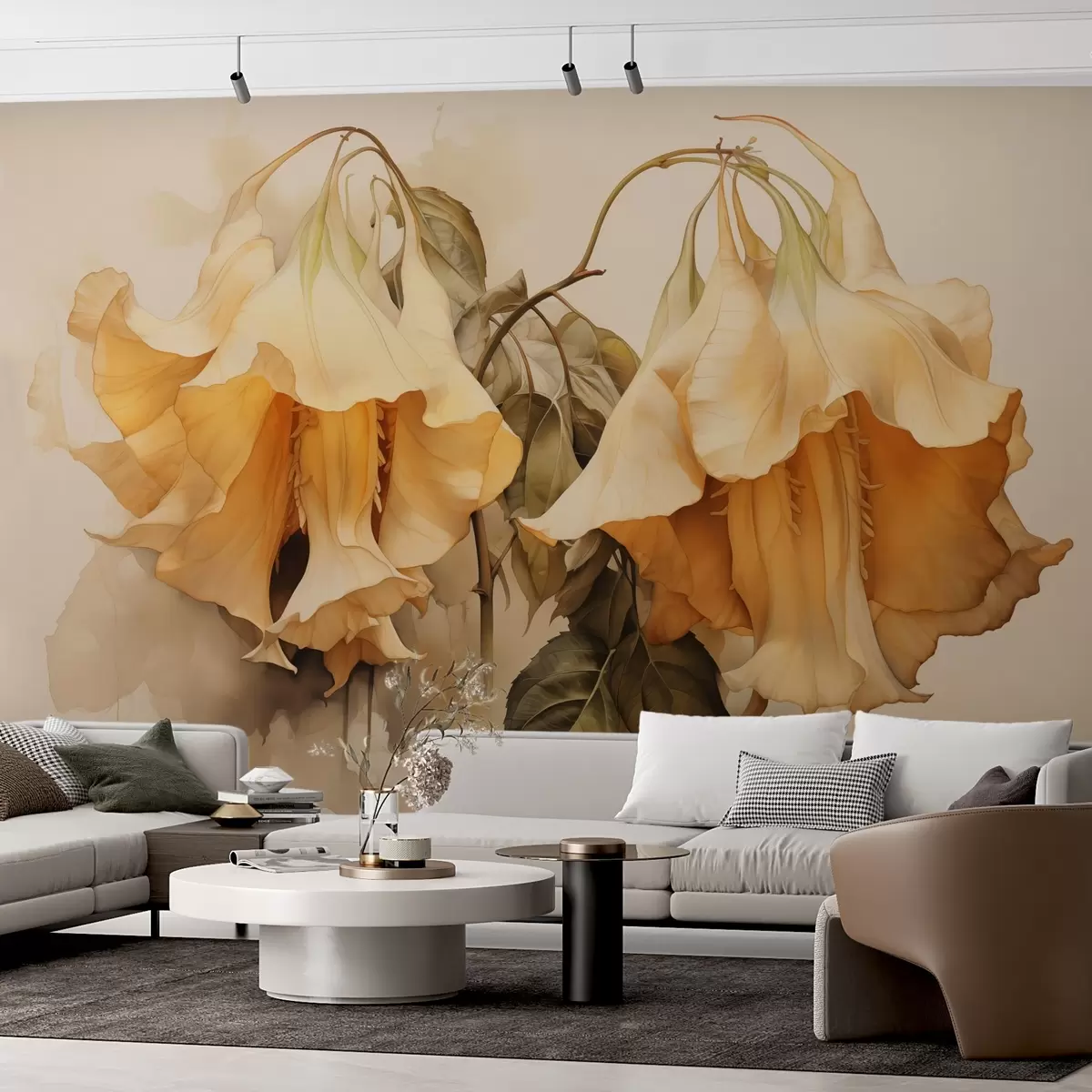 Шпалери Жовто-помаранчеві квіти, імітація акварелі w02467