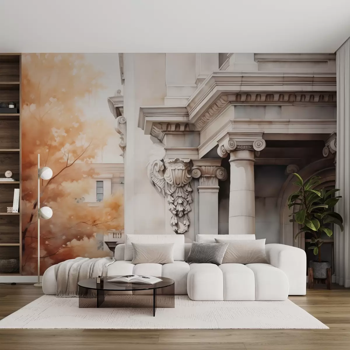 Шпалери Частина будинку з колонами біля дерева, імітація акварелі w02495