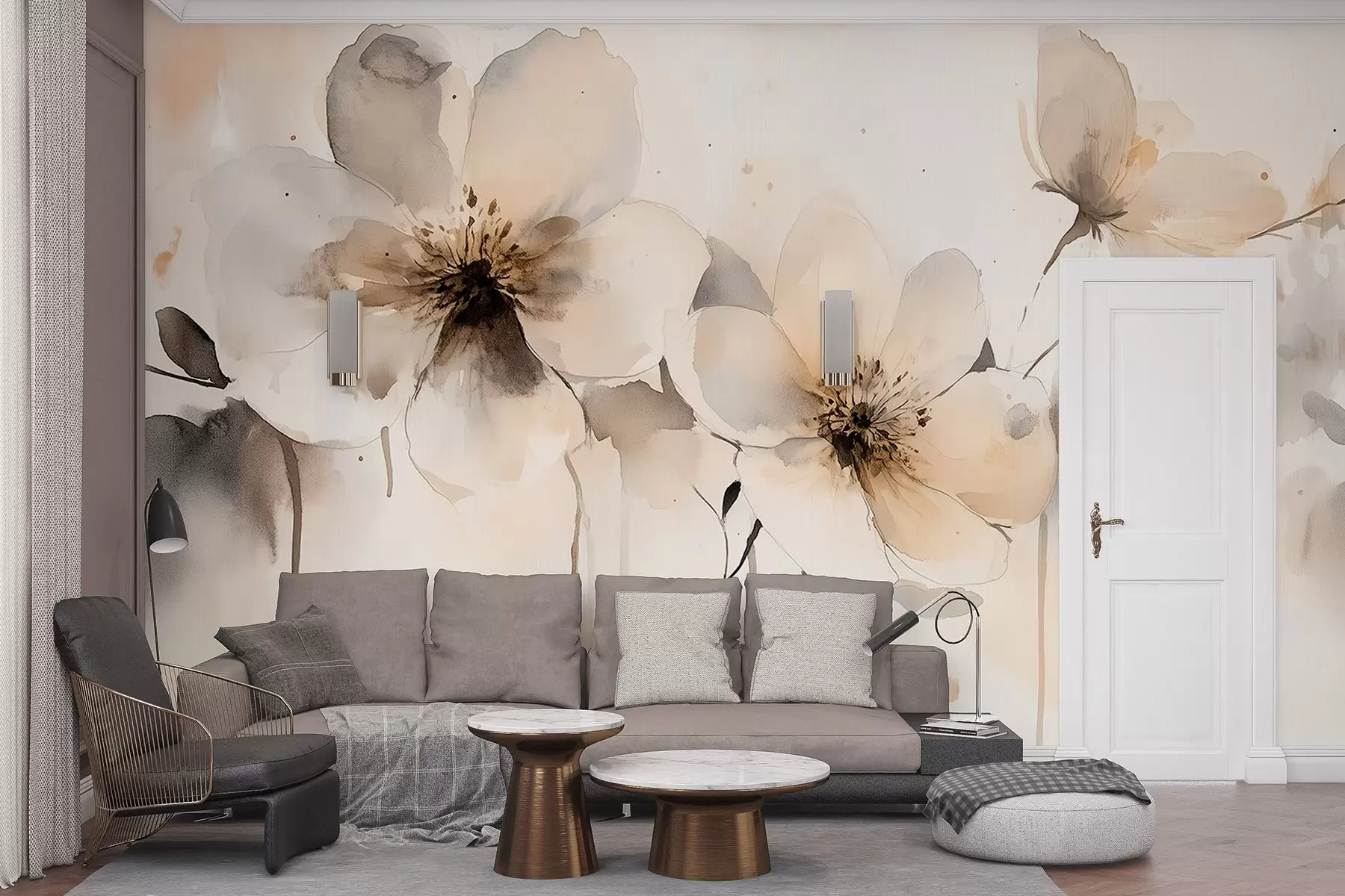 Шпалери Лугові квіти, акварельний малюнок, бежева палітра кольорів w02489