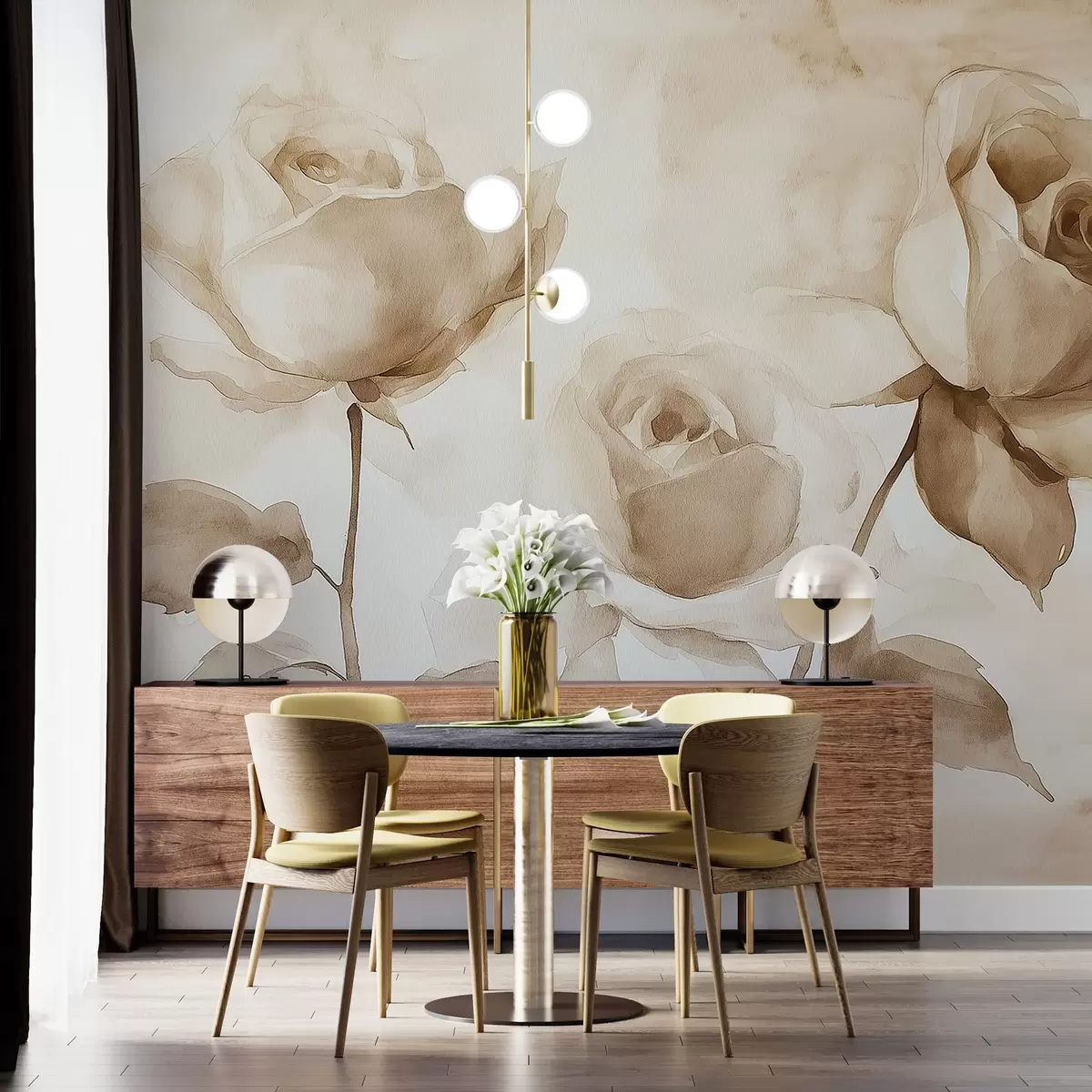 Шпалери Бежеві троянди, квіти, м'який акварельний малюнок, сільський, богемний w02490