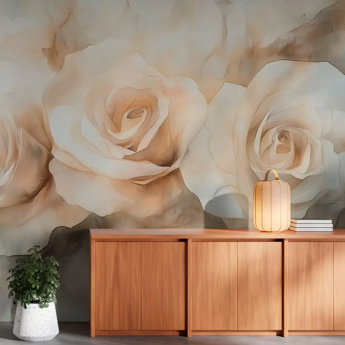 Шпалери Красиві троянди, акварельний стиль, бежеві кольори, богема w02492