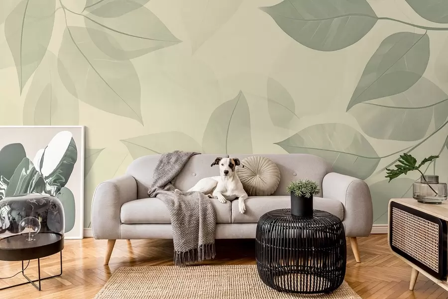 Шпалери Гілки зеленого листя на м'якому бежевому тлі w08502v2